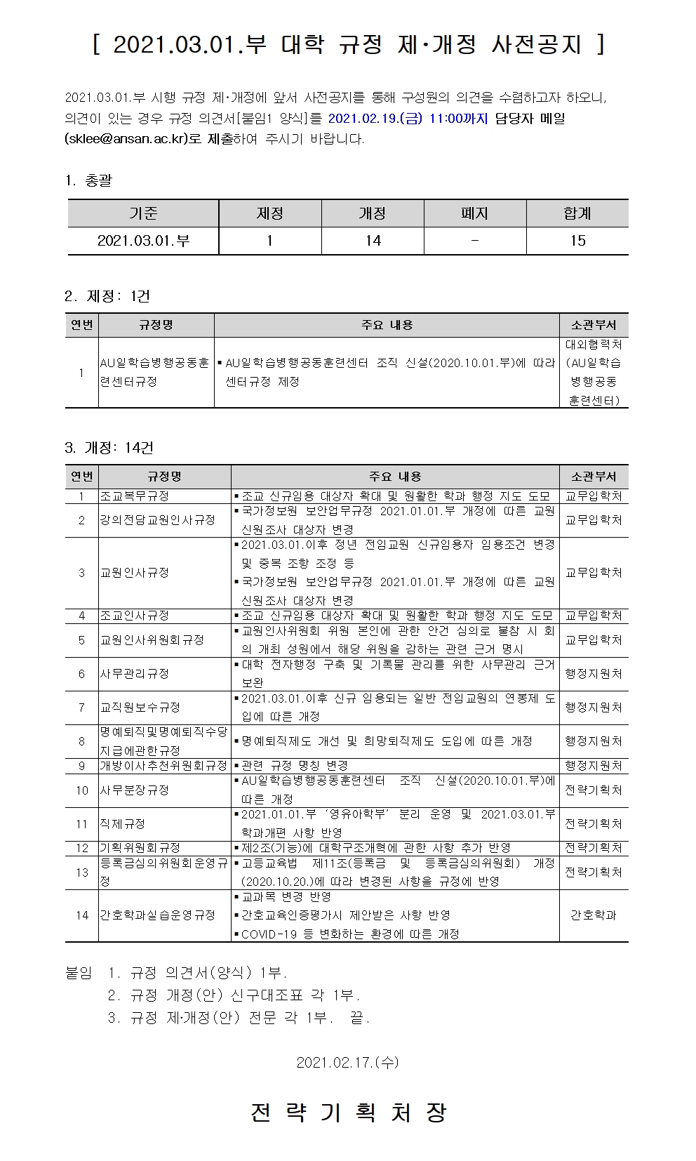 2021.03.01.부 대학 규정 제.개정 사전공지에 대한 자세한 사항은 아래 설명 참조